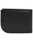 Back view of Travelon RFID blocking compact wallet in sleek black leather, designed for safety and front pocket convenience.