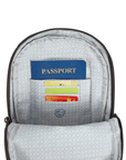 Interior of dark grey travel organizer sling bag with grey lining pockets for a passport and cards.