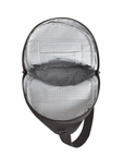 Interior of dark grey travel organizer sling bag with grey lining pockets for a passport and cards.