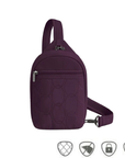 Plum sling bag with front zipper, anti-theft icons at bottom of image and adjustable strap.