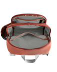Open Terracotta orange bag with light grey lining in all 4 compartments.