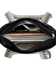 Interior view of black Travelon Anti-Theft Boho Tote with striped lining and tech compartments, available at Canadian Online Shoe Store.