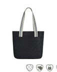Black Travelon Anti-Theft Boho Tote with decorative woven handles and anti-theft icons, featured at Canadian Online Shoe Store.