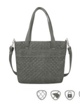 Travelon Anti-Theft Boho Tote in grey with quilted design and dual shoulder straps, featured at Canadian Online Shoe Store. Includes anti-theft icons.