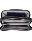 Interior of Travelon RFID Blocking Double Zip Clutch Wallet showing card slots, passport holder, and zip compartments. Perfect for secure travel storage.