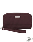 Travelon RFID Blocking Double Zip Clutch Wallet in burgundy with wristlet strap, available at White-Balmer Shoes. Stylish and secure for travel.