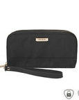 Travelon RFID Blocking Double Zip Clutch Wallet in black with wristlet, featured at White-Balmer Shoes. Offers RFID protection and sleek design.