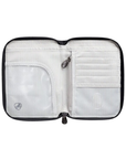 Open wallet with white stripped card slots and inside zipper pocket.