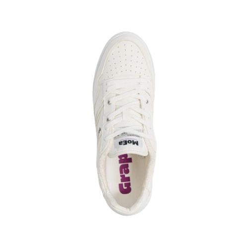 Top view of Moea Gen1 Grape Vegan Sneakers showing perforated toe box and 'Grape' branding inside, highlighting eco-conscious sneaker design.