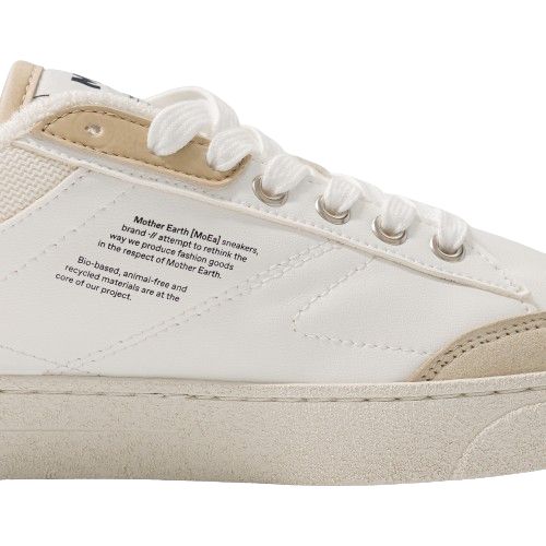 Detailed side profile of Moea Gen3 Vegan Sneakers with printed sustainability message on CornSkin upper and recycled sole.