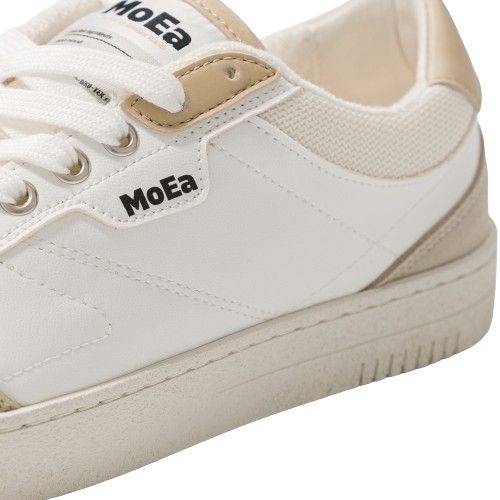Close-up of Moea Gen3 CornSkin sneakers highlighting stitching, logo, and textured vegan leather for sustainable women’s footwear.