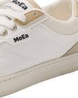 Close-up of Moea Gen3 CornSkin sneakers highlighting stitching, logo, and textured vegan leather for sustainable women’s footwear.
