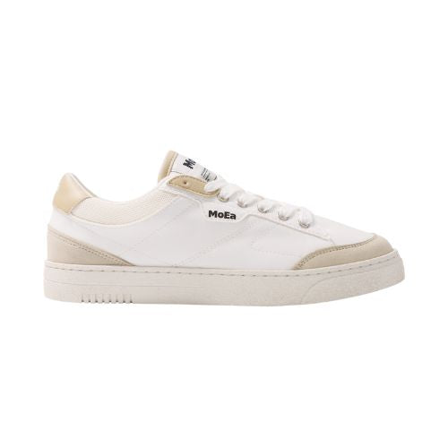 Side view of Moea Gen3 Corn laced vegan sneakers, featuring a minimalist white and beige design with sustainable rubber outsole.