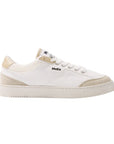 Side view of Moea Gen3 Corn laced vegan sneakers, featuring a minimalist white and beige design with sustainable rubber outsole.