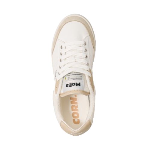 Top view of Moea Gen3 Vegan Sneakers showing CORN-branded insole and adjustable laces, made from eco-friendly CornSkin material.