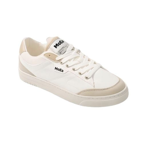 Moea Gen3 Vegan Sneakers in white and beige with CornSkin upper, eco-friendly lace-up design for women’s sustainable fashion.