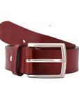 Burgundy leather belt with a silver square buckle.