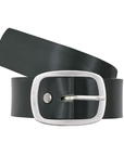 Dark green leather belt with a silver rounded square buckle.