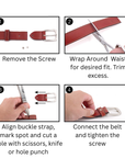 Instructions for adjusting a belt with text and images showing each step.
