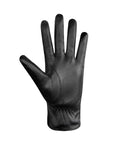 Palm view of black Women's Auclair Faith sheepskin leather glove featuring soft faux fur lining and elastic cuff for comfort and fit.