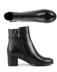 Side and top views of Blondo Avery heeled ankle boot for women, featuring waterproof leather and inner zipper for easy wear.