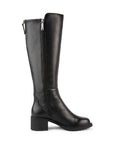Side view of women's Blondo Enza heeled boot showing full-length zipper and sleek waterproof leather design for easy wear and durability.