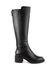 Profile view of women's Blondo Enza heeled boot featuring a mid-height block heel and smooth waterproof leather for versatile styling.