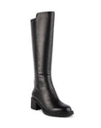 Women's Blondo Enza heeled boot in black waterproof leather with tall shaft and block heel, ideal for stylish fall and winter wear.