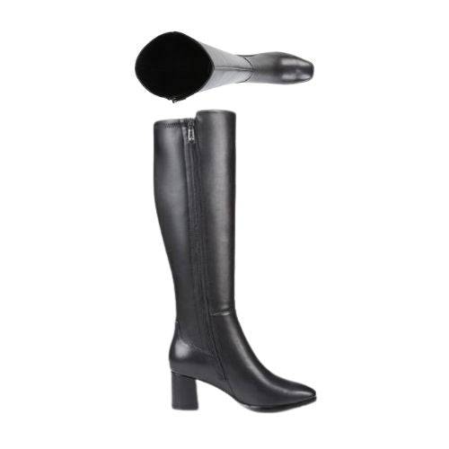 Pair of Knee height black leather boots with a block heel and inside zipper.