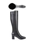 Pair of Knee height black leather boots with a block heel and inside zipper.