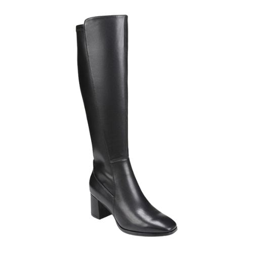 Knee height black leather boots with a block heel.