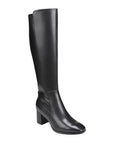 Knee height black leather boots with a block heel.