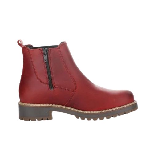 Side view of red Bos&Co Corra Chelsea winter boot for women, featuring inner zipper and durable treaded sole for winter traction.