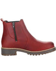Side view of red Bos&Co Corra Chelsea winter boot for women, featuring inner zipper and durable treaded sole for winter traction.