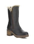 Match mid height boot in brown. Dark brown leather upper, beige faux fur trim, bronze zipper closure, and brown outsole with 2.5 inch block heel.