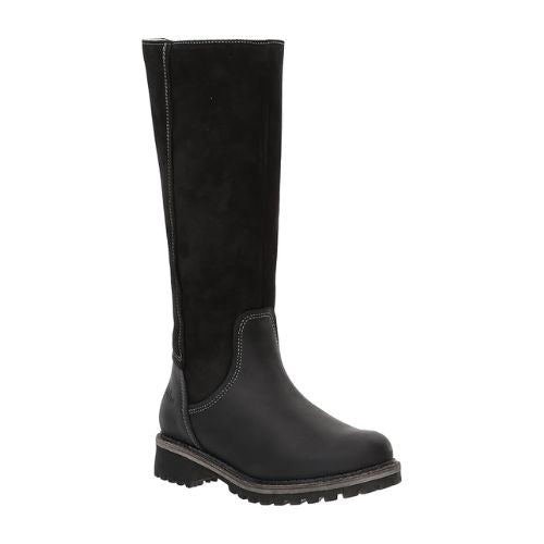 Women's Bos&Co Hudson Tall Boot in black with suede panel, waterproof tall winter boot with heavy-duty sole for snowy terrain.
