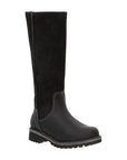 Women's Bos&Co Hudson Tall Boot in black with suede panel, waterproof tall winter boot with heavy-duty sole for snowy terrain.