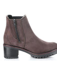 Side view of brown Women's Bos & Co Mass Heeled Boot with zipper closure, waterproof design, and chunky heel for stylish fall wear.