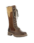 Mid-calf lace-up brown winter boots with tan textured cuff.