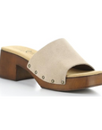 Women's Bos&Co Marly heeled block sandal in beige suede with cushioned insole and stud accents, great for casual elegance.