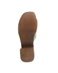 Bottom view of the Bos&Co Marly green suede heeled sandal showing durable wooden block heel and non-slip sole design.