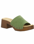 Women's Bos&Co Marly heeled block sandal in green suede with cushioned footbed and stud detailing, perfect for summer wear.