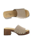 Top and side views of beige Bos&Co Marly heeled sandal featuring suede upper, cushioned footbed, and sturdy block heel.
