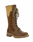 Mid-calf lace-up brown winter boots with tan textured cuff.