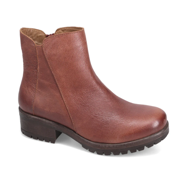 Brown leather ankle boot with lugged outsole and slight block heel.