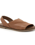 Tan Bueno Hayden Sandal for women with soft leather upper and flat sole, ideal for casual summer outfits.