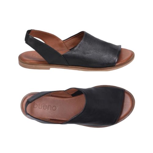 Top and side views of black Bueno Hayden Sandal for women, featuring soft genuine leather and cushioned footbed.