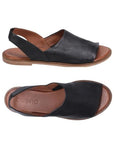Top and side views of black Bueno Hayden Sandal for women, featuring soft genuine leather and cushioned footbed.