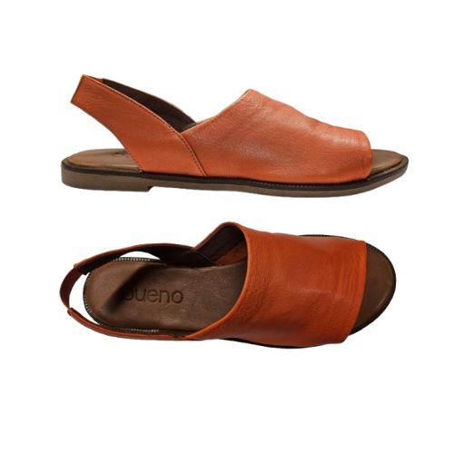 Top and side views of rust orange Bueno Hayden Sandal, highlighting soft leather craftsmanship and ergonomic design.