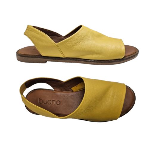 Top and side views of yellow Bueno Hayden Sandal, featuring a soft leather upper and flexible sole for all-day comfort.